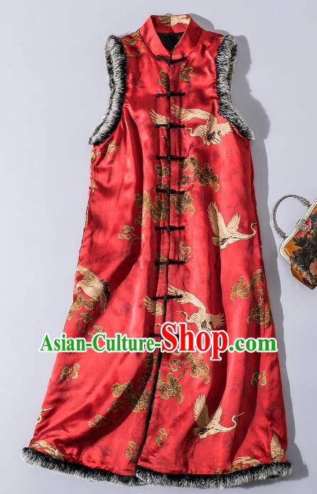 Chinese Traditional Red Silk Long Vest National Woman Gambiered Guangdong Gauze Cotton Wadded Waistcoat