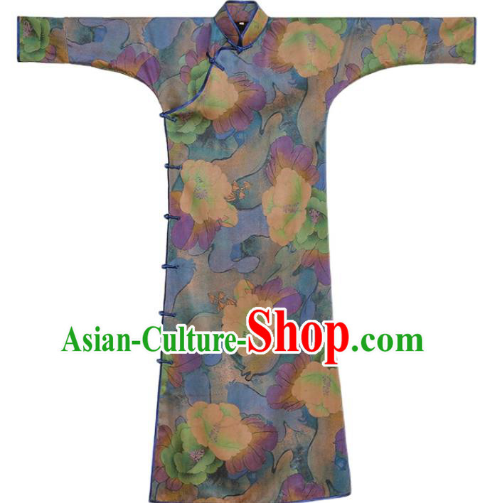 Asian Chinese Classical Camellia Pattern Cheongsam Traditional Silk Long Qipao Dress Female Clothing