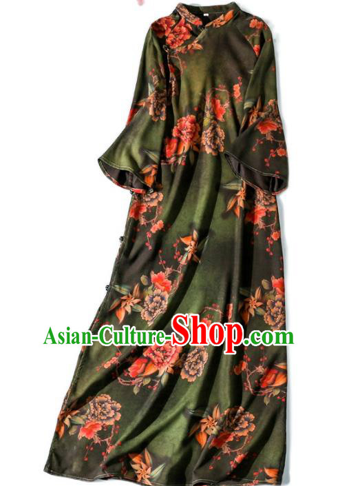 Asian Chinese Traditional Green Silk Long Qipao Dress Female Clothing Classical Peony Pattern Cheongsam