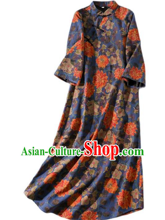 Asian Chinese Classical Peony Pattern Cheongsam Traditional Deep Blue Silk Long Qipao Dress Woman Clothing
