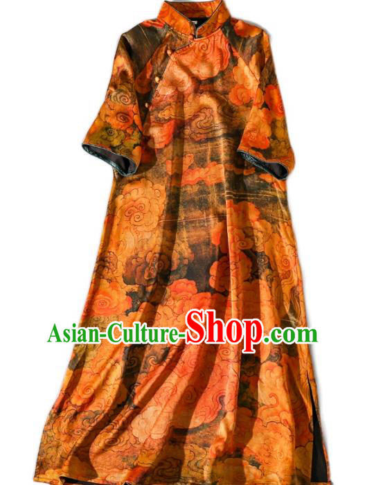 Asian Chinese Traditional Orange Silk Long Qipao Dress Woman Clothing Classical Clouds Pattern Cheongsam