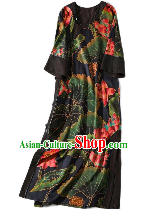 Asian Chinese Traditional Woman Black Silk Qipao Dress Classical Lotus Pattern Cheongsam Clothing