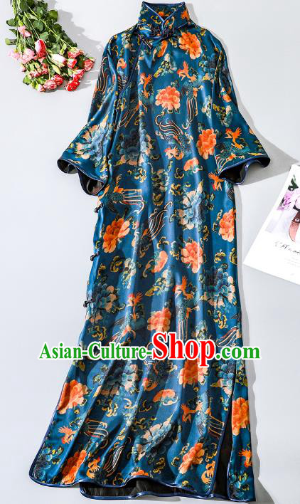 Asian Chinese Traditional Phoenix Peony Pattern Blue Silk Qipao Dress Clothing Classical Stand Collar Cheongsam
