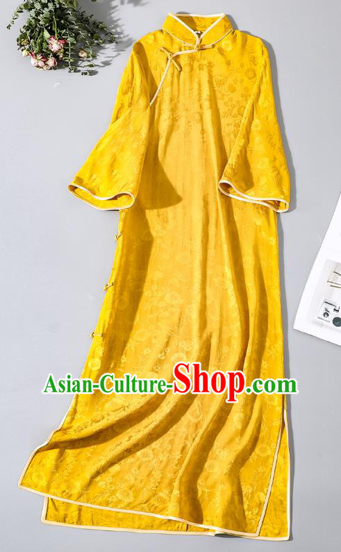 Asian Chinese Traditional Shanghai Beauty Qipao Dress Clothing Classical Golden Silk Cheongsam