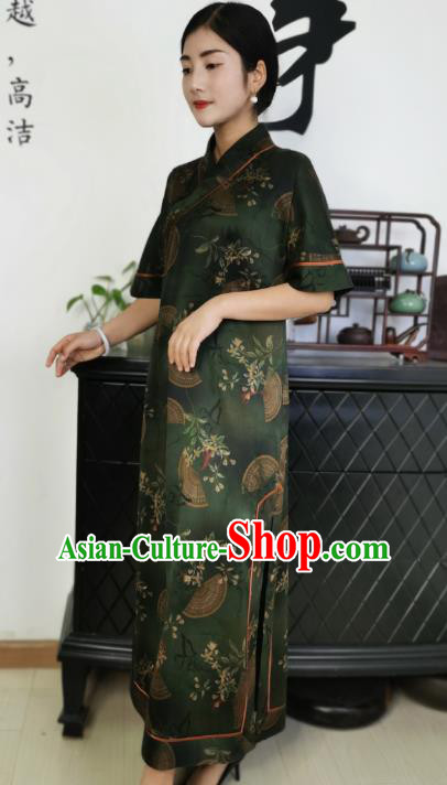 Asian Chinese Traditional Dark Green Silk Qipao Dress Classical Slant Opening Cheongsam Costume