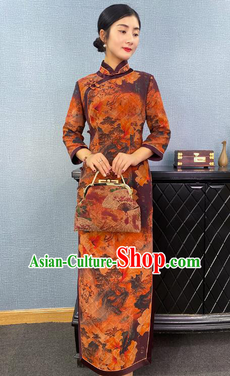 Asian Chinese Traditional Shanghai Beauty Qipao Dress Classical Mangnolia Pattern Ginger Cheongsam Costume