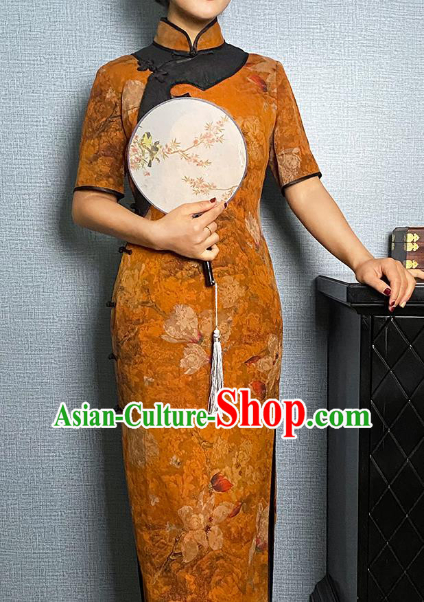 Asian Chinese Traditional Noble Beauty Qipao Dress Classical Mangnolia Pattern Orange Silk Cheongsam Costume