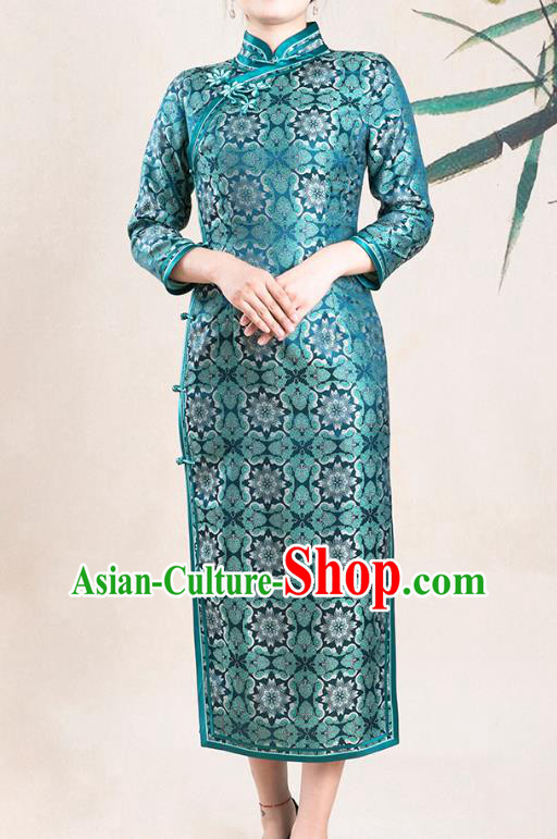 Asian Chinese Classical Elderly Woman Silk Cheongsam Costume Traditional Bride Mother Green Brocade Qipao Dress
