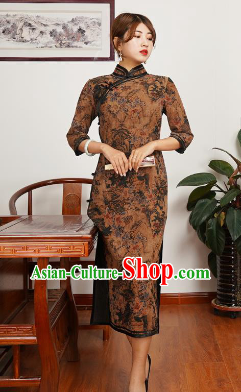 Asian Chinese Classical Landscape Pattern Brown Silk Cheongsam Costume Traditional Shanghai Beauty Qipao Dress