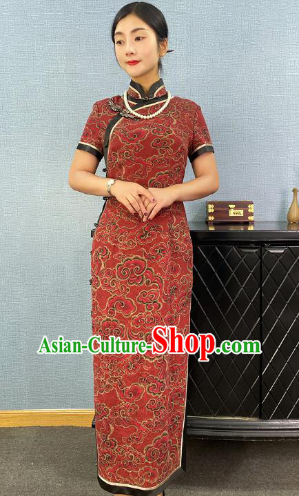Asian Chinese Classical Cloud Pattern Red Cheongsam Costume Traditional Shanghai Young Lady Silk Qipao Dress