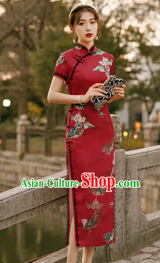 Asian Chinese Classical Printing Lotus Red Brocade Cheongsam Traditional Bride Qipao Dress National Wedding Clothing
