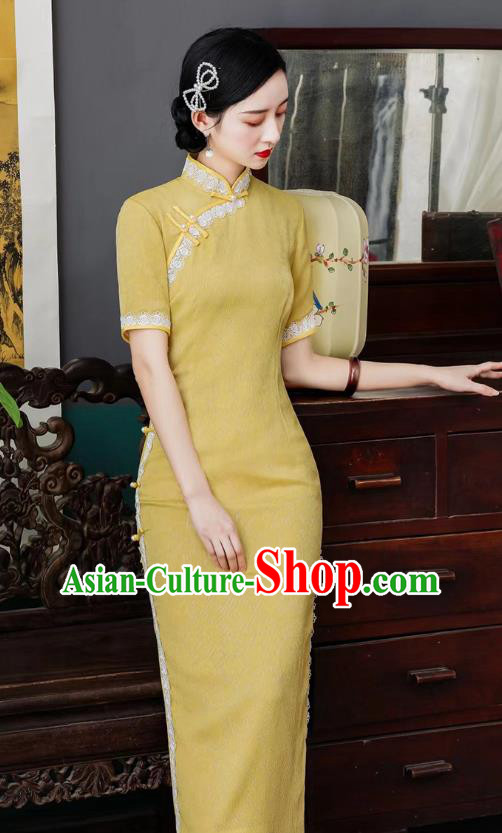 Asian Chinese Traditional Lace Qipao Dress National Young Lady Clothing Classical Yellow Cheongsam
