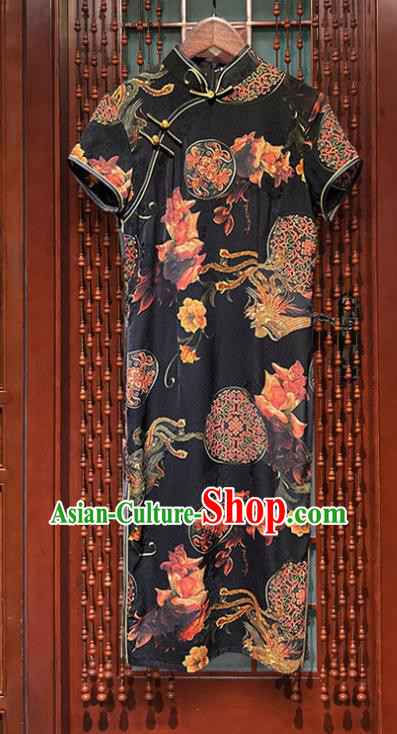 Chinese Classical Dance Black Short Qipao Dress Printing Phoenix Peony Cheongsam Costume