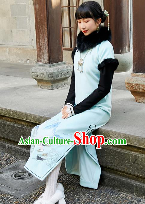 China Traditional Young Lady Light Blue Cheongsam National Winter Long Qipao Dress Clothing