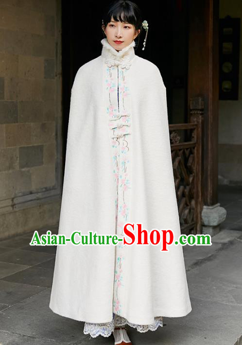 Chinese Traditional Embroidered White Woolen Cloak Costume National Women Stand Collar Long Cape