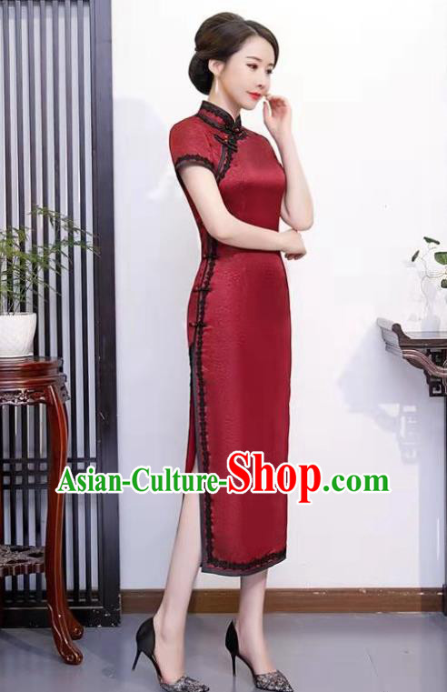 Chinese Stage Show Red Silk Qipao Dress National Young Woman Cheongsam Party Clothing