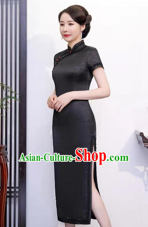 Chinese Party Compere Clothing Stage Show Black Silk Qipao Dress National Young Woman Cheongsam