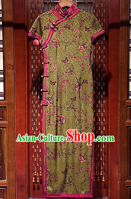 Chinese Classical Stand Collar Qipao Dress Modern Catwalks Clothing Traditional Printing Butterfly Flowers Silk Cheongsam