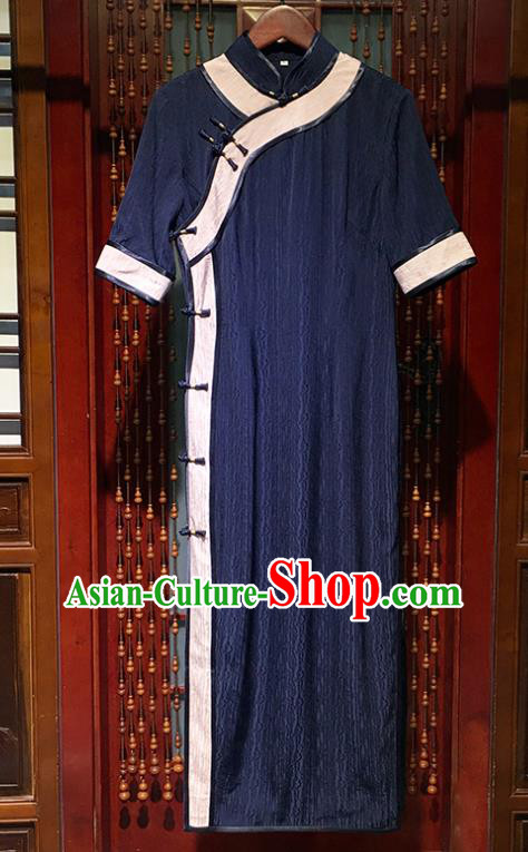 Republic of China Young Lady Cheongsam Traditional Stand Collar Navy Qipao Dress Clothing
