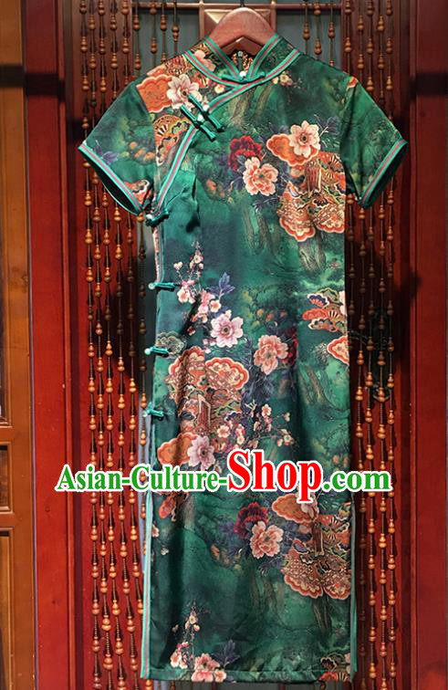 China Traditional Printing Flowers Green Silk Cheongsam Clothing Classical Short Qipao Dress
