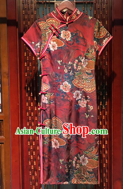 China Modern Dance Short Qipao Dress Traditional Printing Flowers Red Silk Cheongsam Clothing