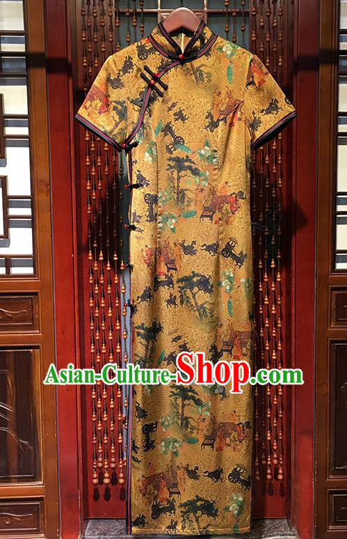 China Classical Yellow Silk Qipao Dress Traditional Fan Dance Long Cheongsam Stage Performance Clothing