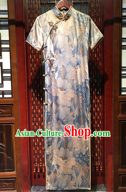 China Traditional Printing Peony Light Blue Cheongsam National Qipao Dress Classical Palace Fan Dance Clothing