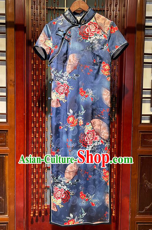 Chinese Traditional Printing Peony Fan Cheongsam Stand Collar Qipao Dress National Navy Silk Clothing