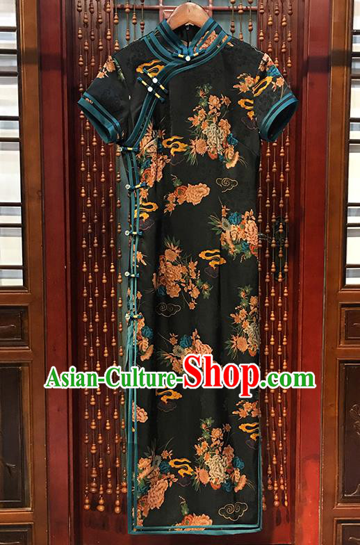 China Traditional Printing Peony Cheongsam National Black Silk Qipao Dress Classical Palace Fan Show Clothing