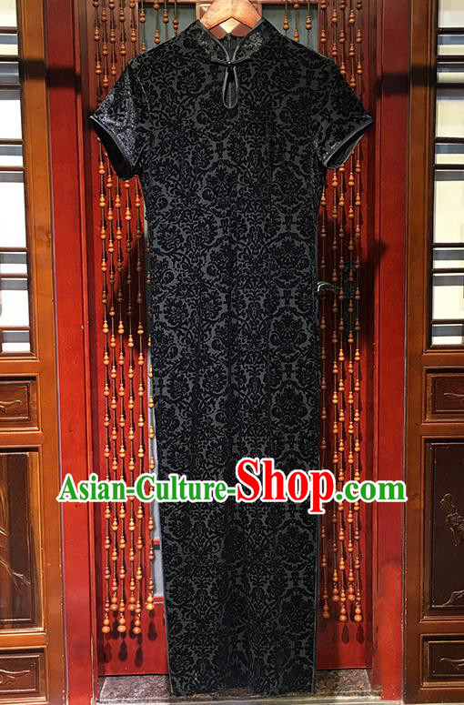China Traditional Elderly Woman Black Cheongsam National Qipao Dress Classical Mother Clothing