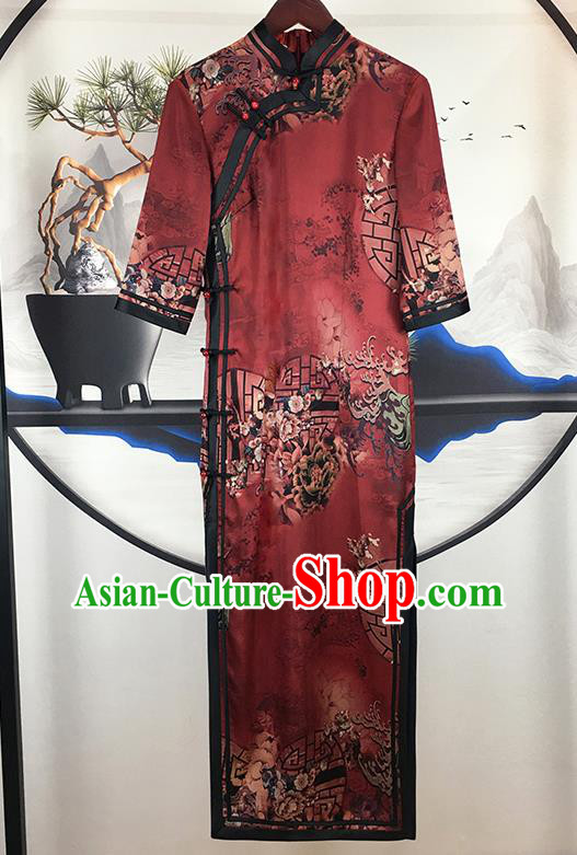 China Classical Dance Clothing Traditional Stage Performance Cheongsam National Dark Red Satin Qipao Dress