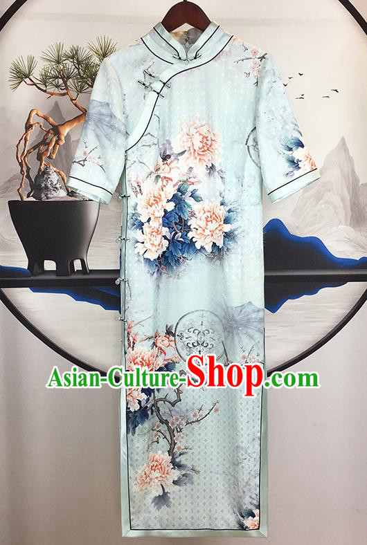 China Traditional Cultural Dance Cheongsam Shanghai Young Lady Clothing National Printing Peony Blue Silk Qipao Dress