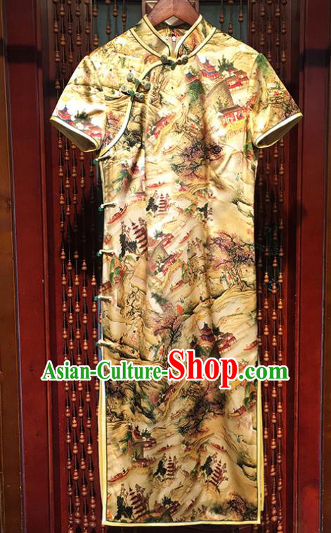 China Traditional Short Cheongsam National Printing Landscape Yellow Silk Qipao Dress Classical Young Beauty Clothing