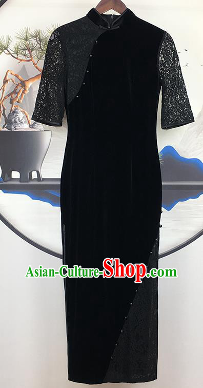 China Traditional Mother Black Velvet Lace Cheongsam National Woman Clothing Modern Catwalks Qipao Dress