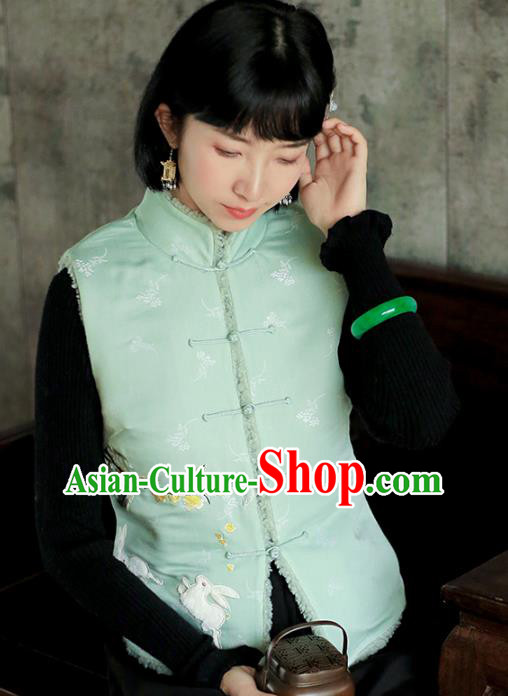 Chinese Traditional Embroidered Light Green Waistcoat Costume National Women Tang Suit Vest