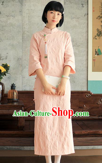 China National Young Lady Pink Qipao Dress Clothing Traditional Female Student Long Cheongsam