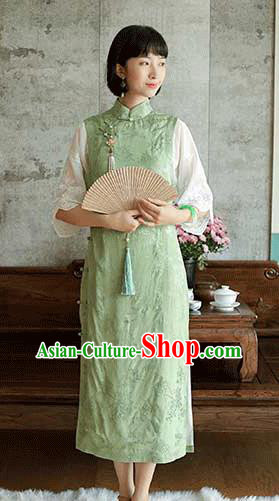 China National Young Lady Wide Sleeve Qipao Dress Clothing Traditional Light Green Cheongsam