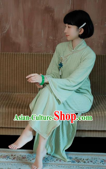 China National Young Lady Knitting Green Qipao Dress Clothing Traditional Mandarin Sleeve Cheongsam