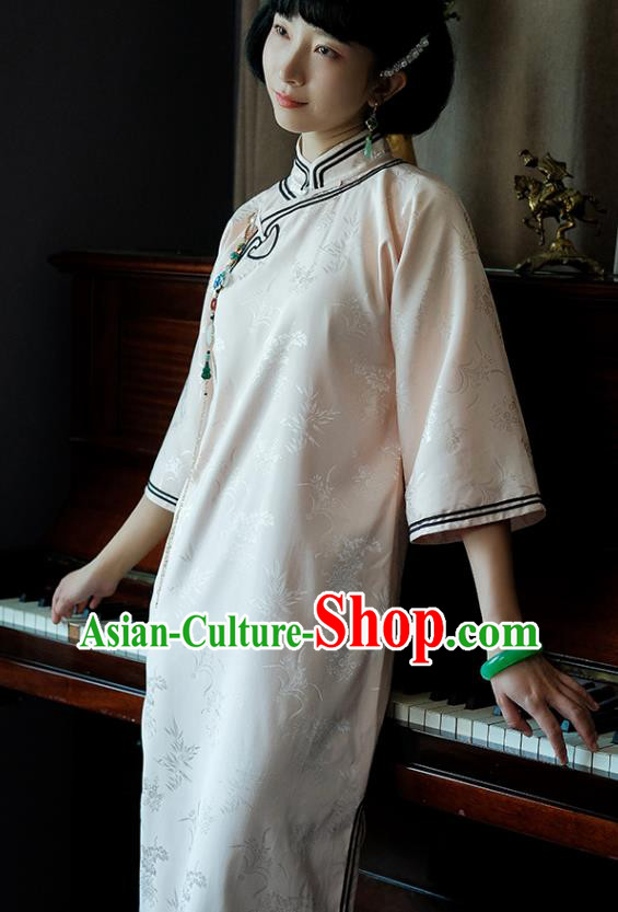 China National Light Pink Silk Qipao Dress Clothing Traditional Young Lady Wide Sleeve Cheongsam