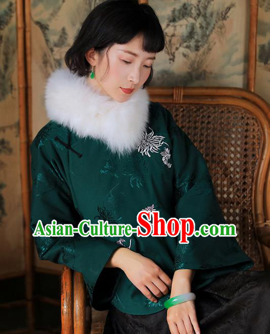 China National Woman Green Silk Cotton Wadded Jacket Tang Suit Outer Garment Traditional Overcoat Costume