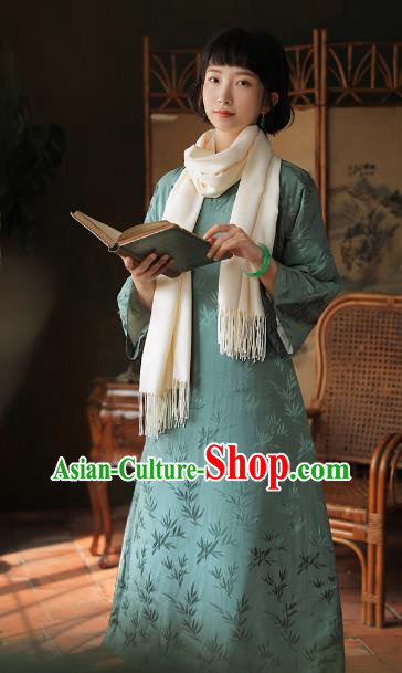 China National Light Green Silk Qipao Dress Clothing Traditional Young Lady Winter Cotton Wadded Cheongsam