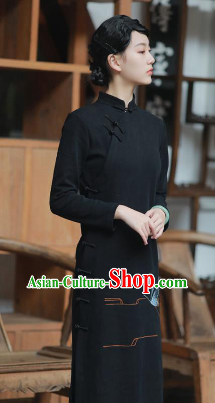 China National Printing Crane Qipao Dress Clothing Traditional Young Lady Slant Opening Black Cheongsam