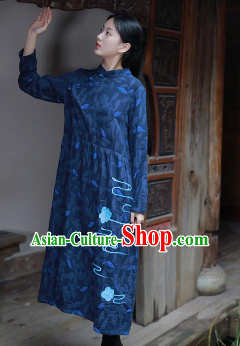 China National Qipao Dress Clothing Traditional Young Lady Hand Painting Navy Flax Cheongsam