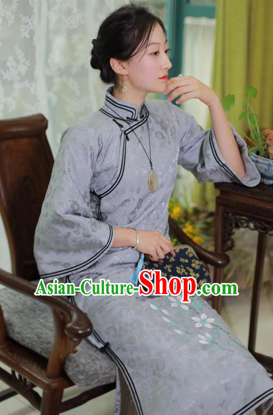 China National Mother Blue Silk Qipao Dress Clothing Traditional Mandarin Sleeve Cheongsam