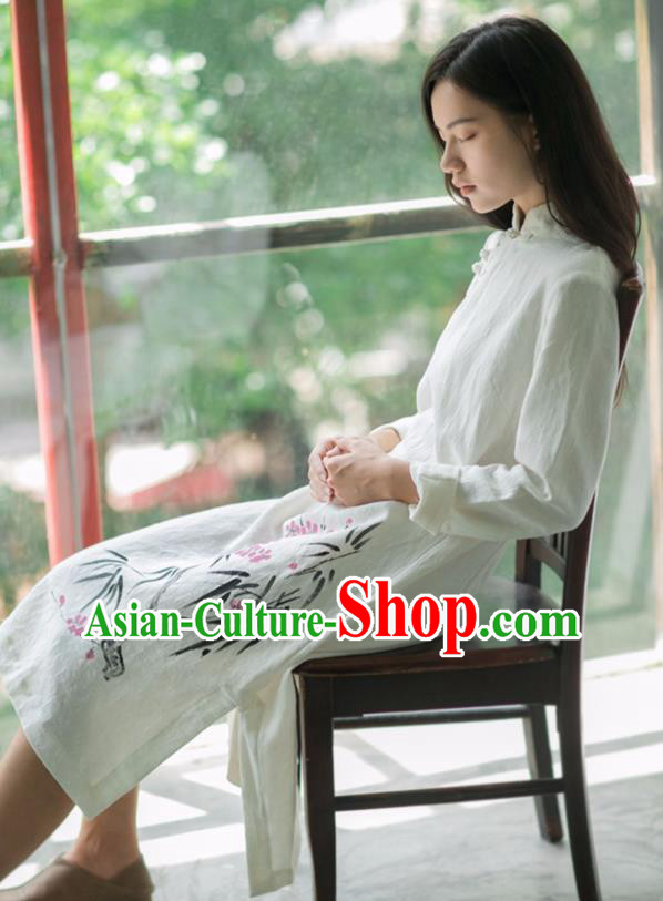 China National Young Lady Qipao Dress Clothing Traditional Ink Painting Plum Bamboo White Flax Cheongsam