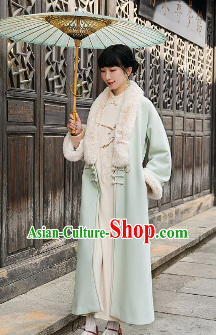 China Traditional Costume National Woman Light Green Woolen Dust Coat Tang Suit Outer Garment