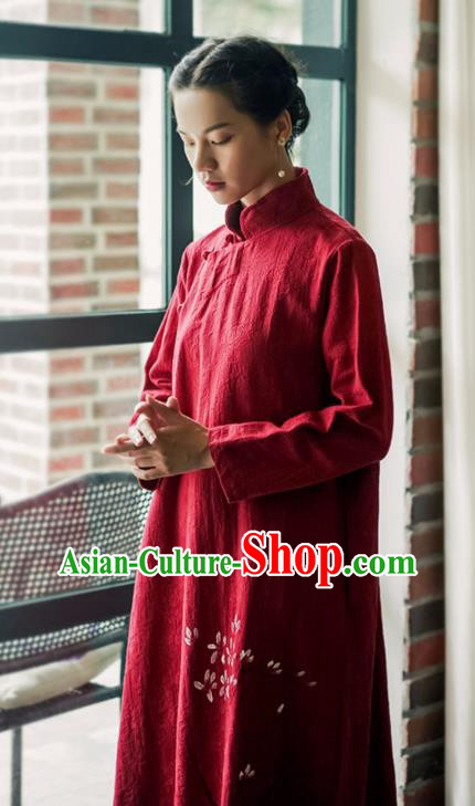 China National Hand Painting Red Flax Qipao Dress Clothing Traditional Young Lady Stand Collar Cheongsam
