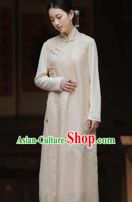 China National Embroidered Qipao Dress Clothing Traditional Young Lady Beige Organdy Cheongsam