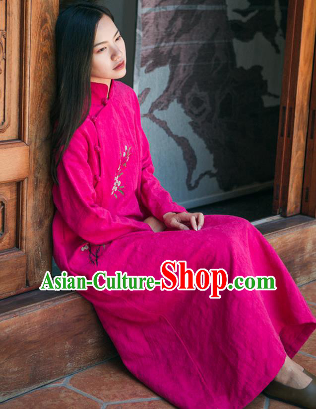 China National Young Lady Jacquard Qipao Dress Clothing Traditional Stand Collar Rosy Cheongsam