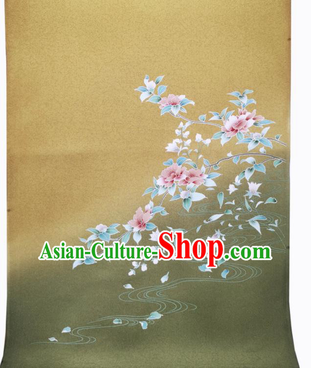 Japanese Traditional Silk Fabric Kimono Classical Hand Painting Flowers Tapestry Drapery Asian Japan Olive Green Brocade